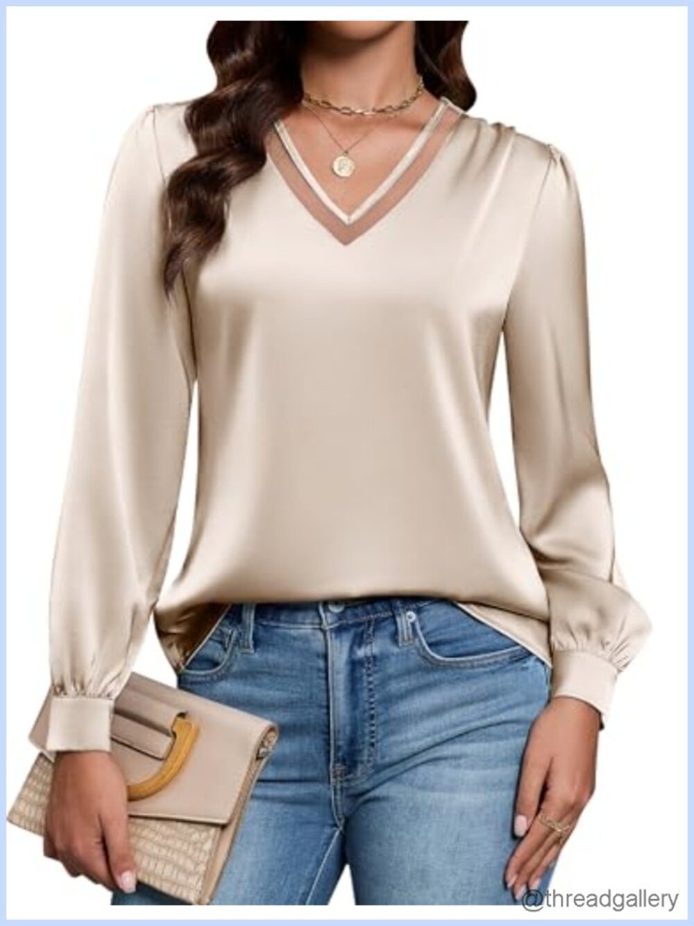Silk Satin Mesh V-Neck Long Sleeve Blouse Business Casual Top